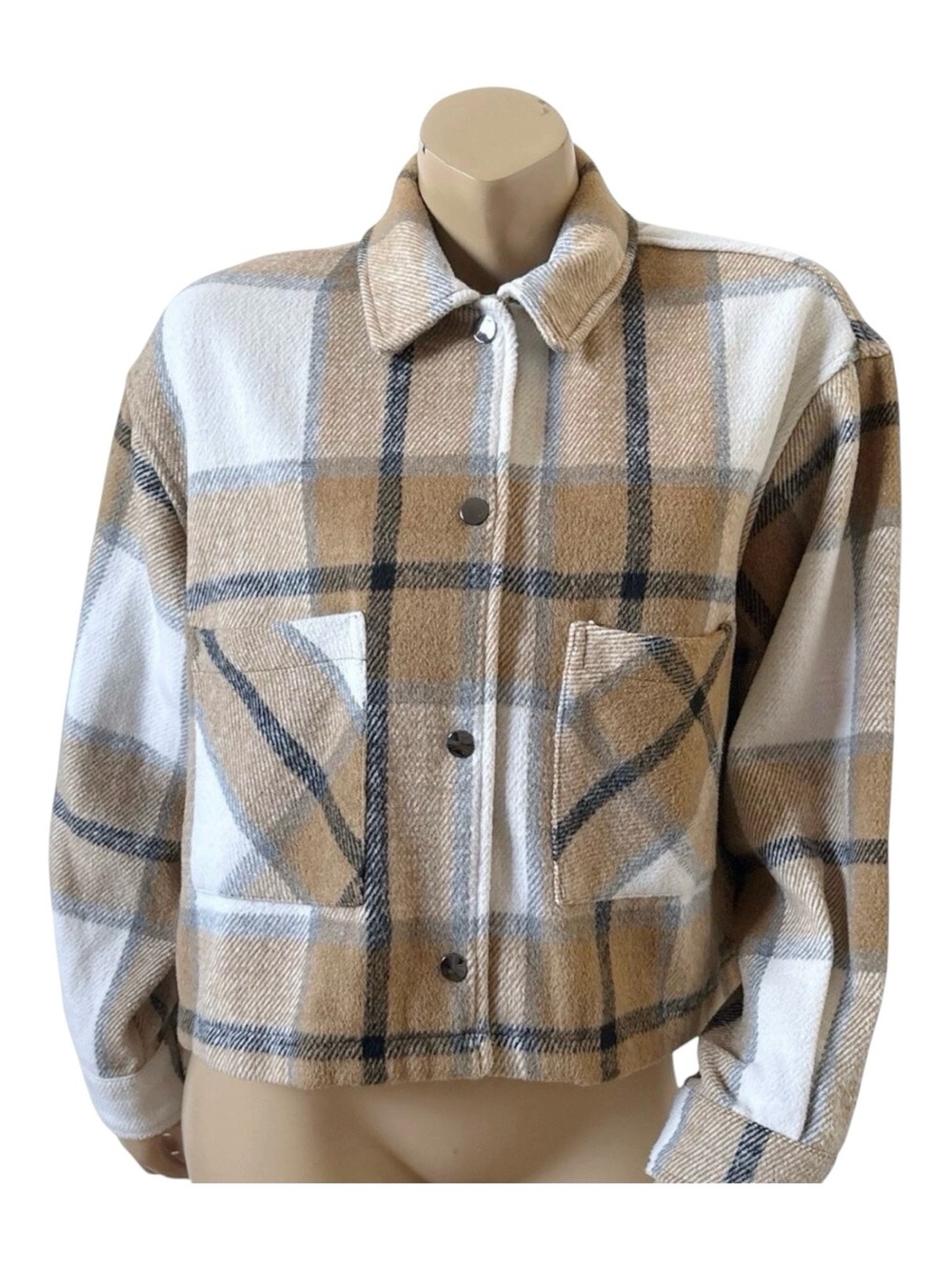 For the Republic Cropped Plaid Shacket Womens Large Tan Brown Snap Front Jacket